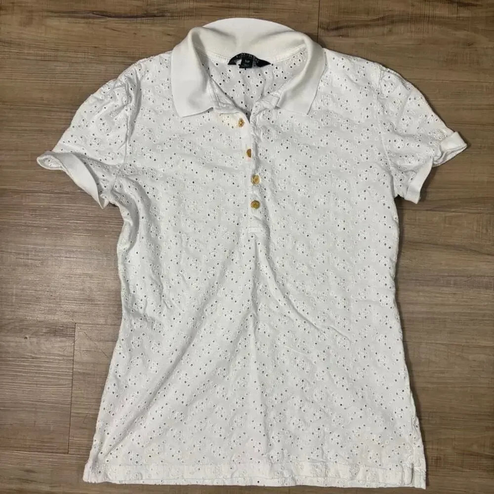 White eyelet polo top with